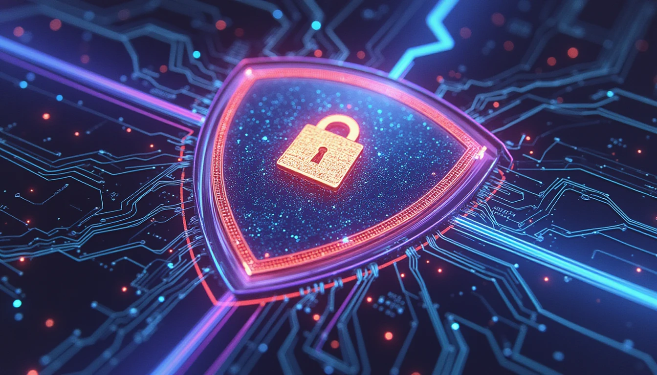 Futuristic AI-powered shield with neon circuitry, symbolizing security, data flow, and innovation in transforming the insurance industry.