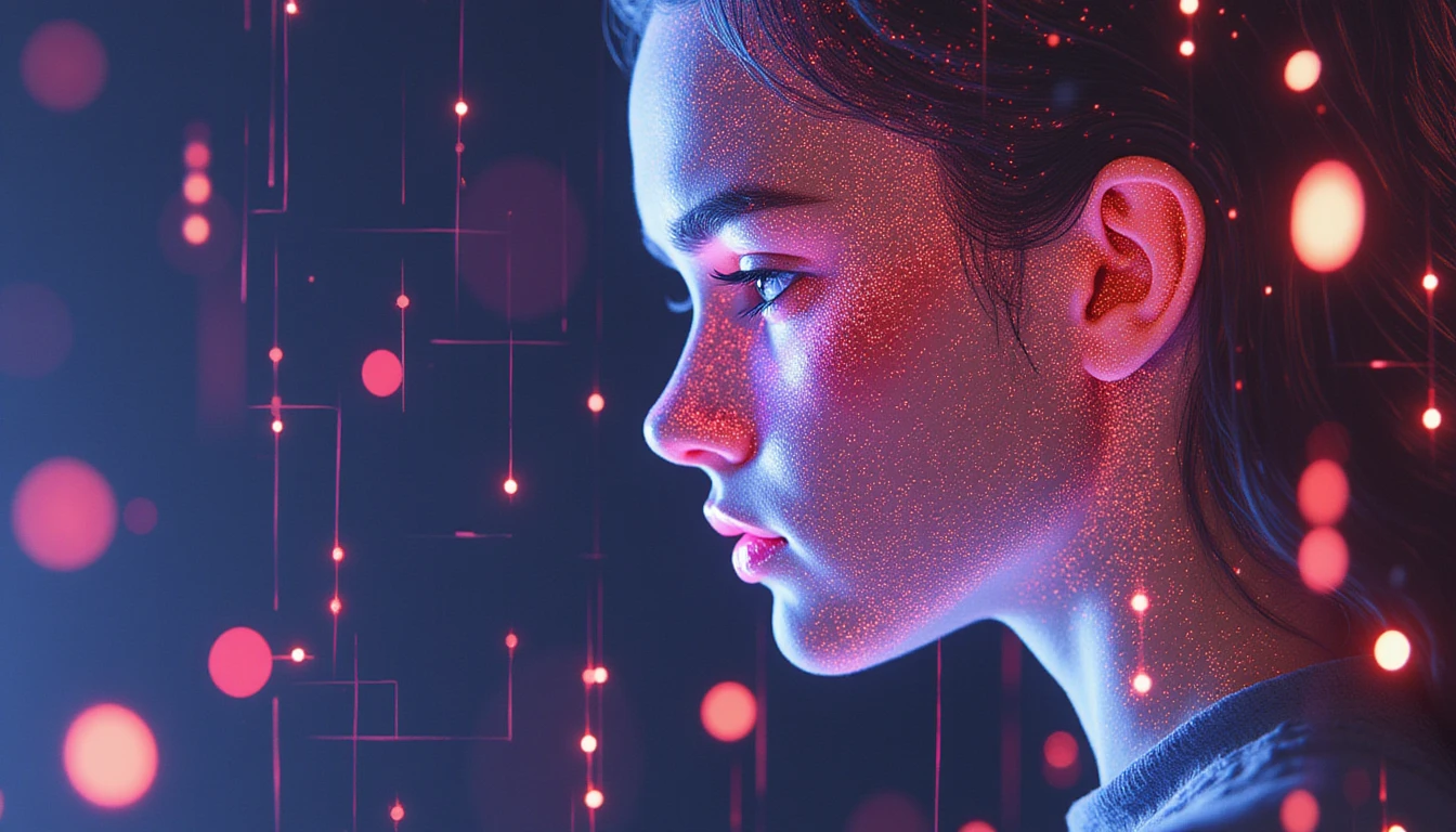 Abstraktes Neonnetzwerk, das die KI-Betrugserkennung beim Online-Dating symbolisiert, wobei sich holografische Gesichtsumrisse in Datenströmen auflösen.