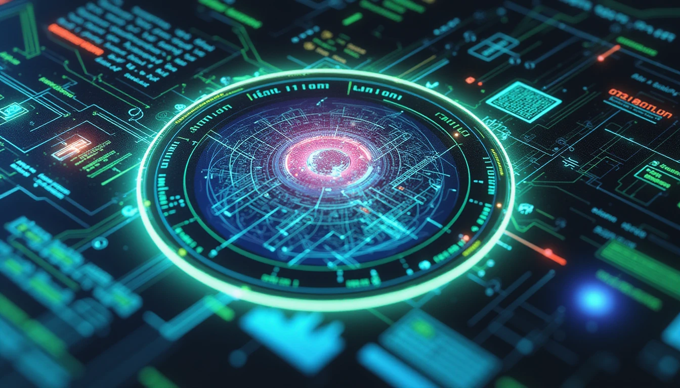 Futuristischer neonbeleuchteter digitaler Scanner, der Datenströme analysiert und fortschrittliche KI-Betrugserkennung in der Versicherung mit blau-grünen Verläufen symbolisiert.