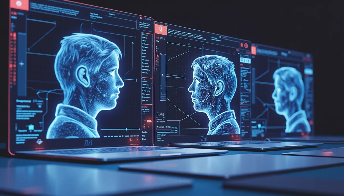 Futuristische digitale Schnittstelle mit biometrischer Gesichtserkennung, KI-neuronalen Netzwerken und Datenströmen, die für Sicherheit in Dating-Apps sorgen.