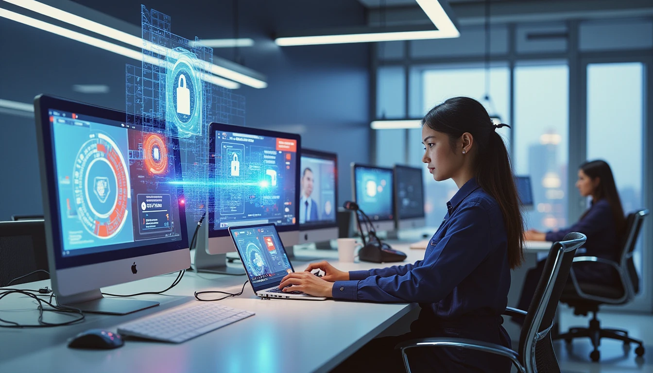Modern insurance office with professionals using digital interfaces, glowing holograms of image authentication, and a sleek tech-driven atmosphere.