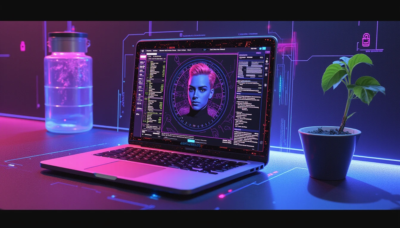 Futuristische KI-Oberfläche scannt Online-Dating-Profile und nutzt Neon-Glanz-Bildverifizierung sowie Metadatenanalyse zur Erkennung falscher Konten.