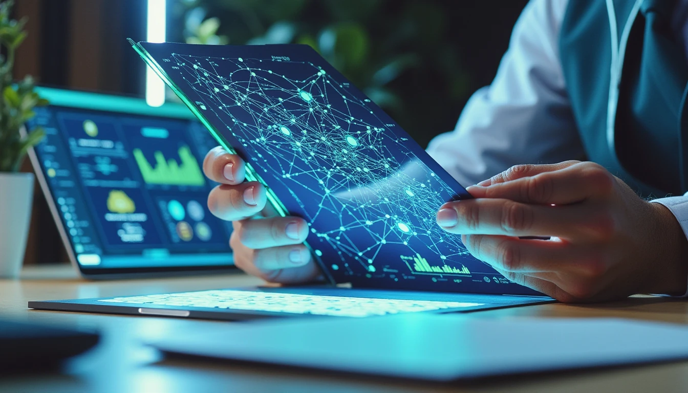 Versicherungsprofi analysiert leuchtende digitale Dokumente mit neonblauen und grünen Akzenten, umgeben von holografischen Betrugserkennungsschnittstellen.