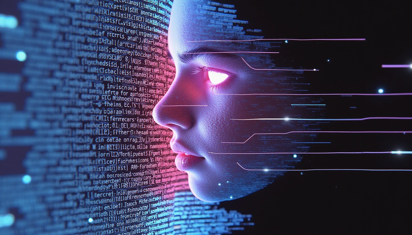 Neon-lit digital face dissolving into data, symbolizing AI detection of synthetic personas with a cyber-security and facial analysis theme.