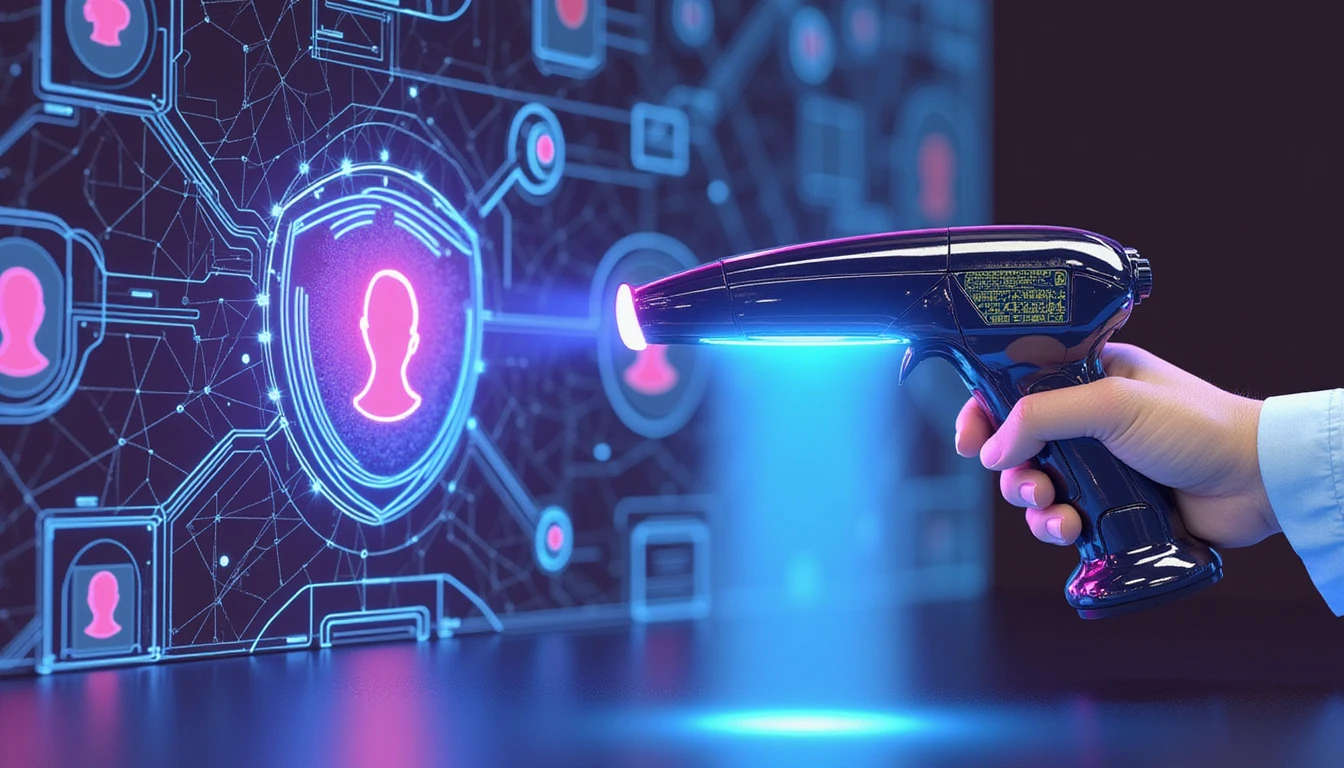 Futuristic digital shield with neon-glowing AI scanner verifying online dating profiles, symbolizing security, trust, and fraud detection.