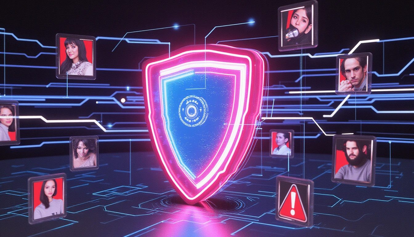 Futuristisches, neonbeleuchtetes digitales Schild, das die Sicherheit beim Online-Dating darstellt, mit KI-gesteuerter Betrugserkennung, die Benutzerprofile auf Authentizität überprüft.