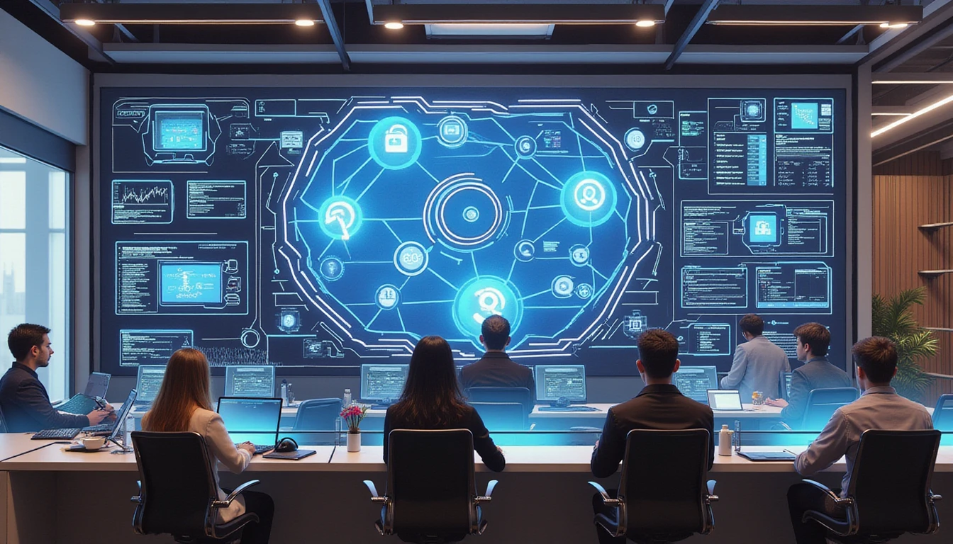Futuristisches Versicherungsbüro mit Neon-Akzenten, verschiedene Fachleute nutzen holografische Technologie zur Betrugserkennung und interaktiven Schulung.