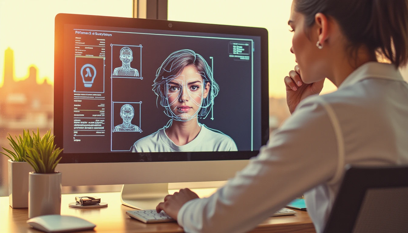 Close-up of a computer screen showing AI facial recognition for online dating security, with a person analyzing data in the background.
