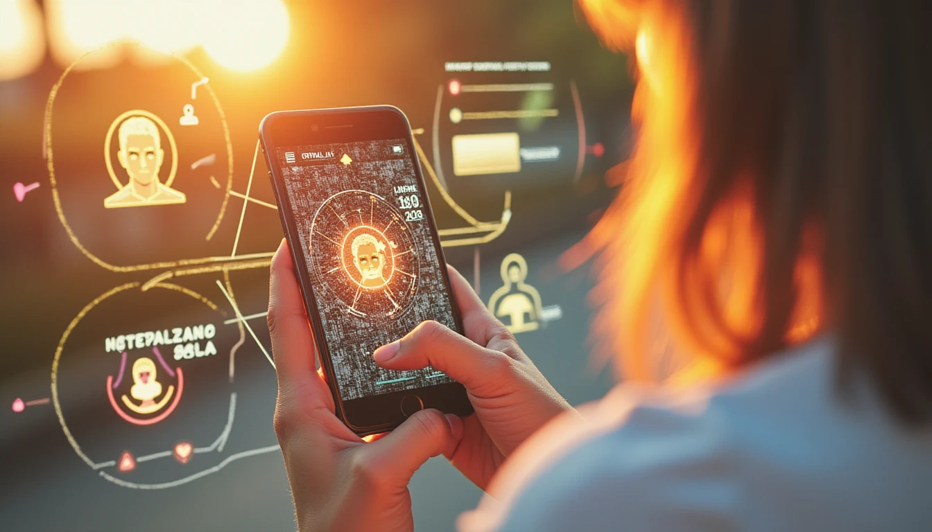 Ultra-realistic macro shot of a futuristic AI-powered security interface overlaying a blurred dating app, highlighting fraud detection features.