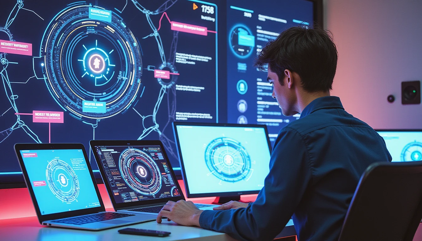 Futuristischer Hightech-Arbeitsbereich mit neonbeleuchteter Betrugserkennungsanalyse, holografischem VAARHAFT-Scanner und visuellen Darstellungen des regulatorischen Rahmens.