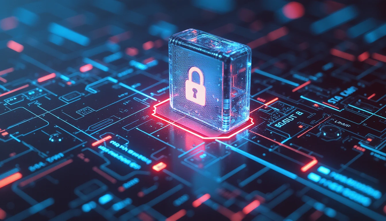 Futuristische neonleuchtende Sicherheitsschilde, digitale Schlösser und Datenströme symbolisieren KI-gesteuerte Cybersicherheit in der Versicherungsbranche.