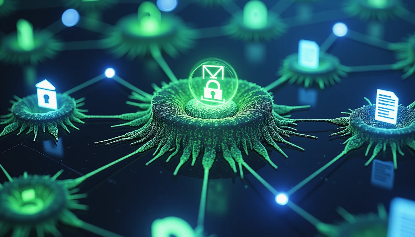 Abstrakte Visualisierung einer KI, die mit neuronalen Netzwerken, Symbolen für sichere Dokumente, Schildern und Lupen inmitten von Neonlicht die Versicherungswelt revolutioniert.
