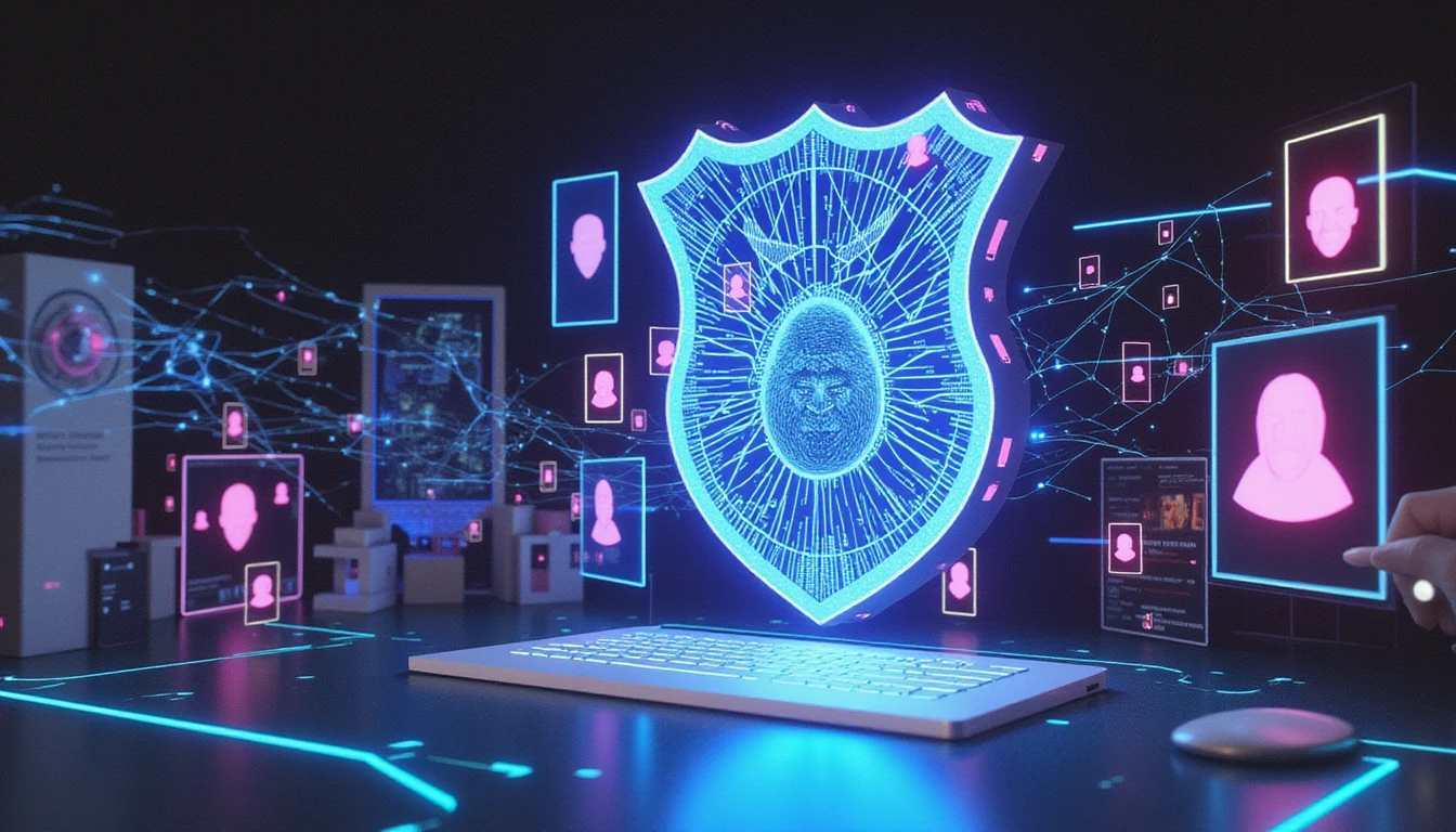 Futuristic digital shield with AI circuit pattern, glowing biometrics, and flagged user profiles, illustrating secure online dating verification.