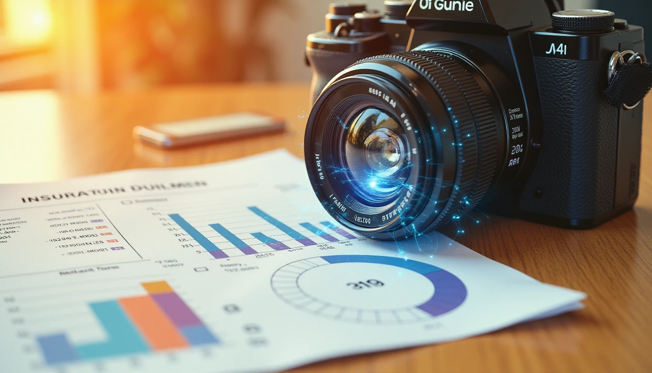 Sicheres digitales Interface überlagert ein Versicherungsdokument mit KI-gesteuerten Analysen, im warmen Licht der goldenen Stunde, das Vertrauen und Innovation symbolisiert.