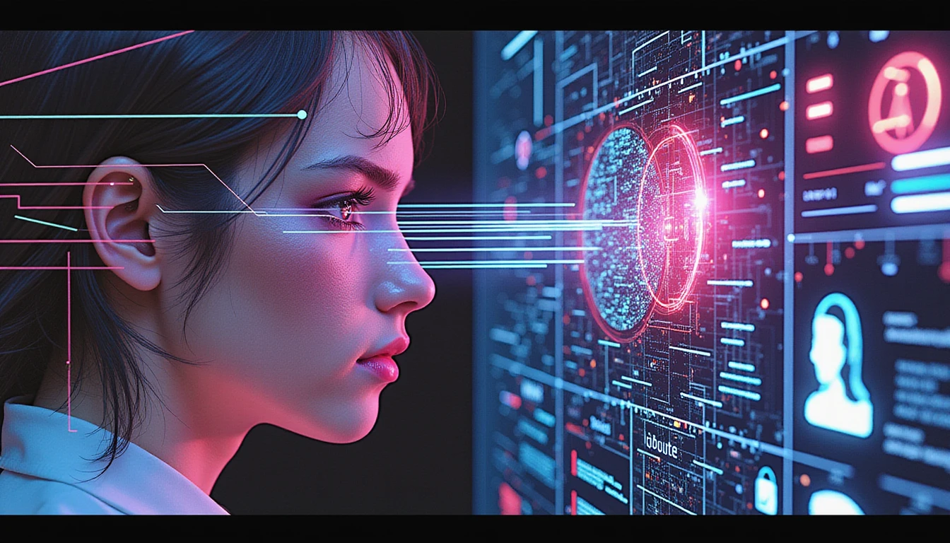 Futuristic AI scanning interface detects fake profiles in online dating, with neon data streams analyzing faces for anomalies and trust.