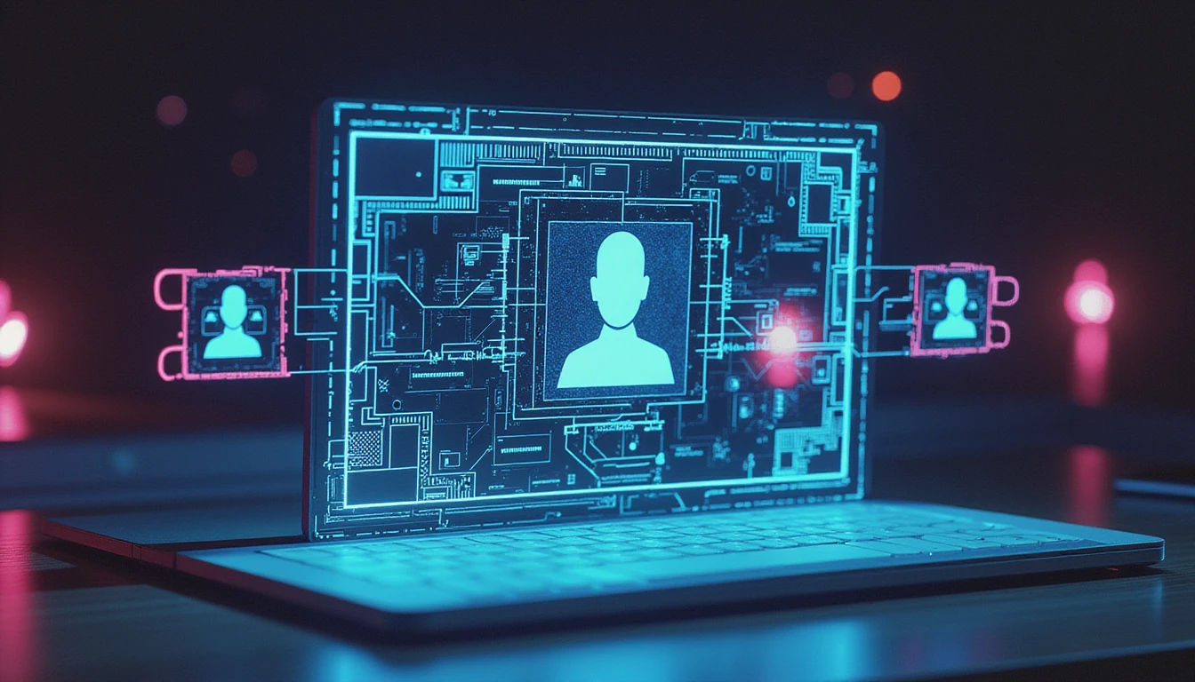 AI-powered system scanning online dating profile pictures for authenticity, featuring a neon-glow interface and digital grid overlay.
