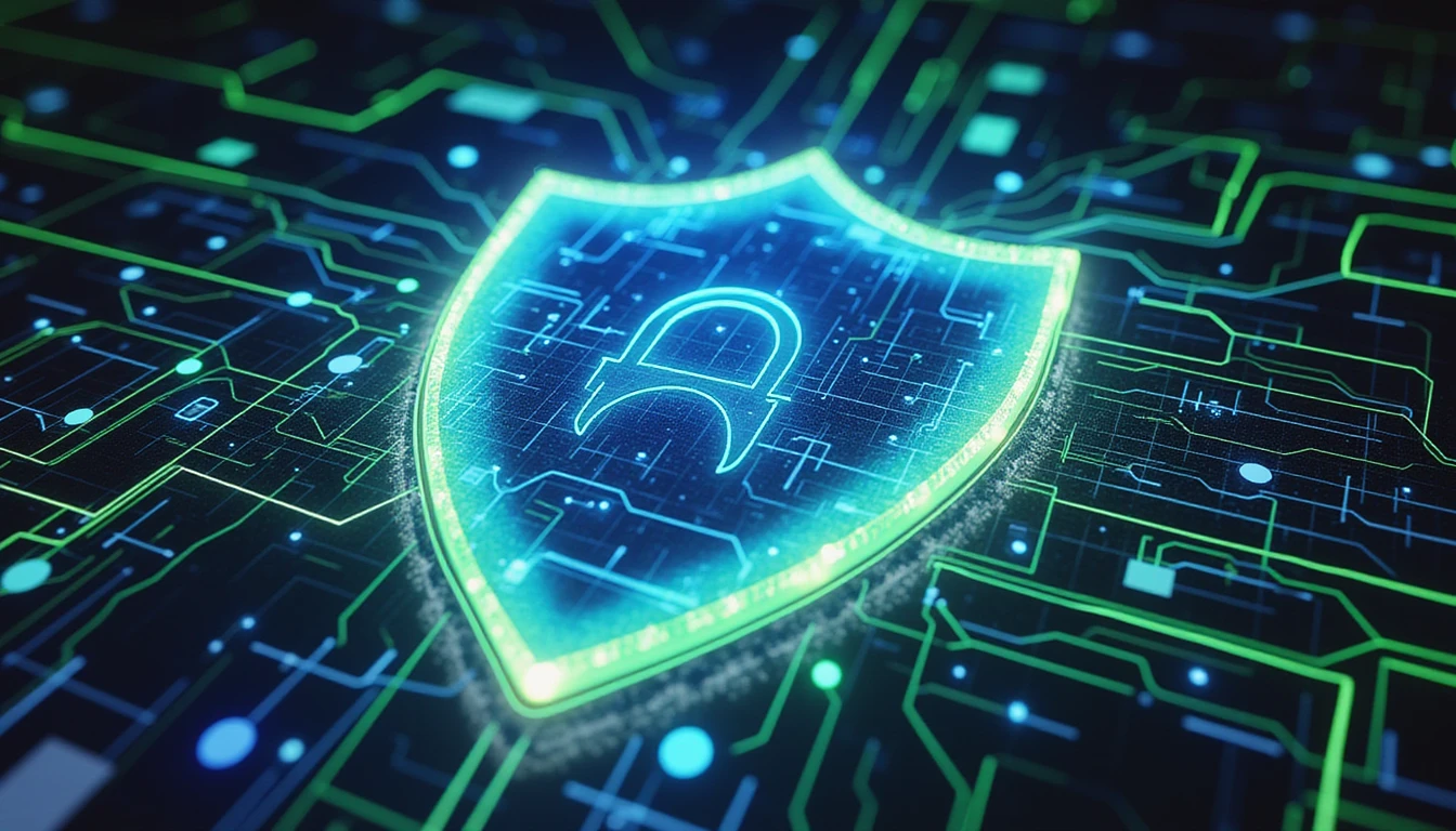 Futuristic digital shield glowing neon blue and green, surrounded by algorithmic patterns, holographic documents, and interconnected nodes on a dark backdrop.