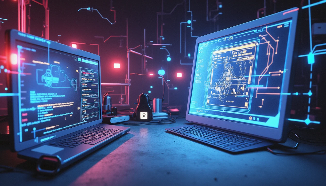 Futuristic scanner with neon cyber lines and holographic screens analyzing documents, showcasing AI-driven fraud detection in insurance.