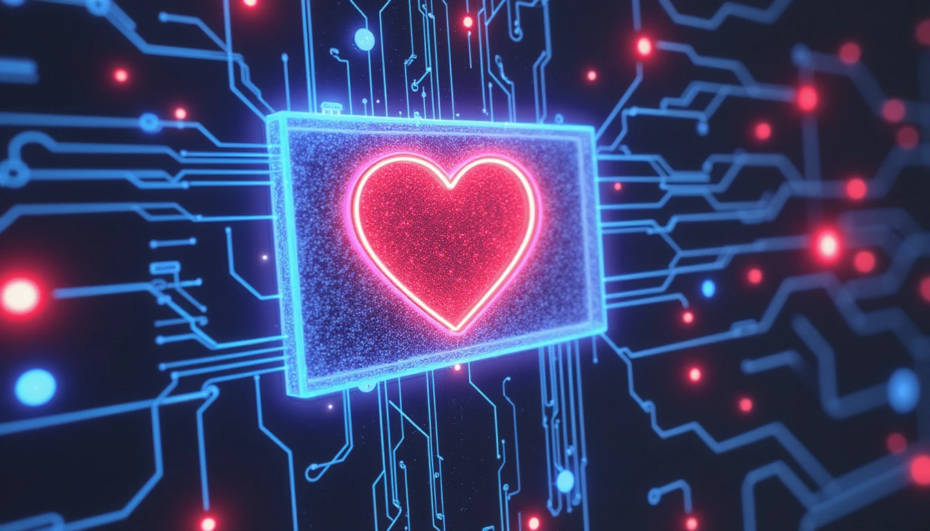 Abstract digital illustration of AI-powered fraud prevention in online dating, featuring a neon-lit shield protecting a heart amid glowing network nodes.