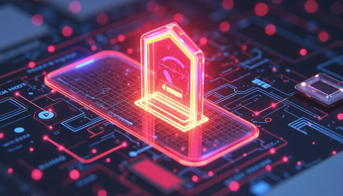 Neonbeleuchtetes digitales Schild, integriert in die Schnittstelle einer Dating-App, symbolisiert KI-gesteuerte Sicherheit, Betrugsprävention und Bedrohungserkennung in Echtzeit.