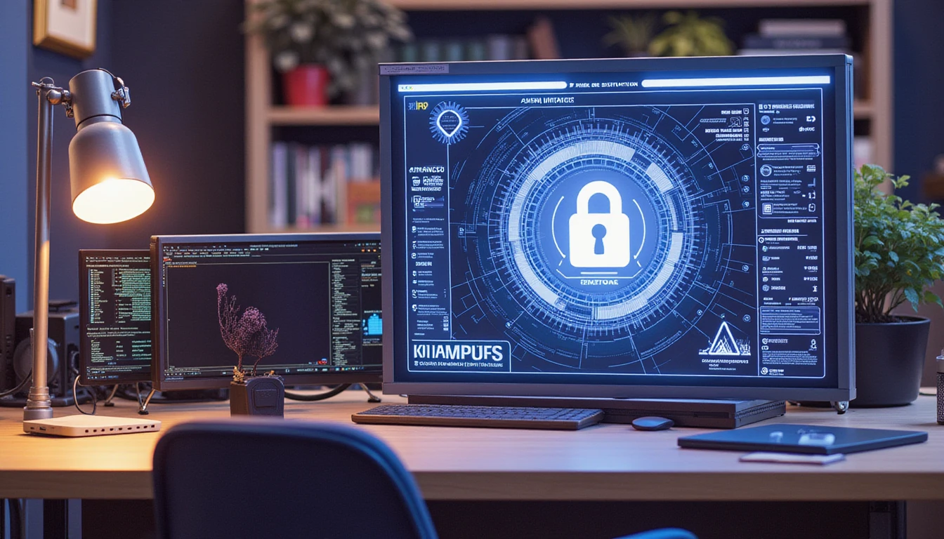 Futuristisches Büro mit neonleuchtendem KI-Betrugserkennungsdiagramm, das fortschrittliche Innovation, Vertrauen und Effizienz im Bereich der Sachversicherung symbolisiert.