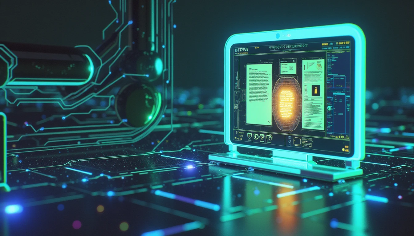 Futuristic AI-driven fraud detection in insurance, featuring digital networks, a glowing document scanner, and a security shield.