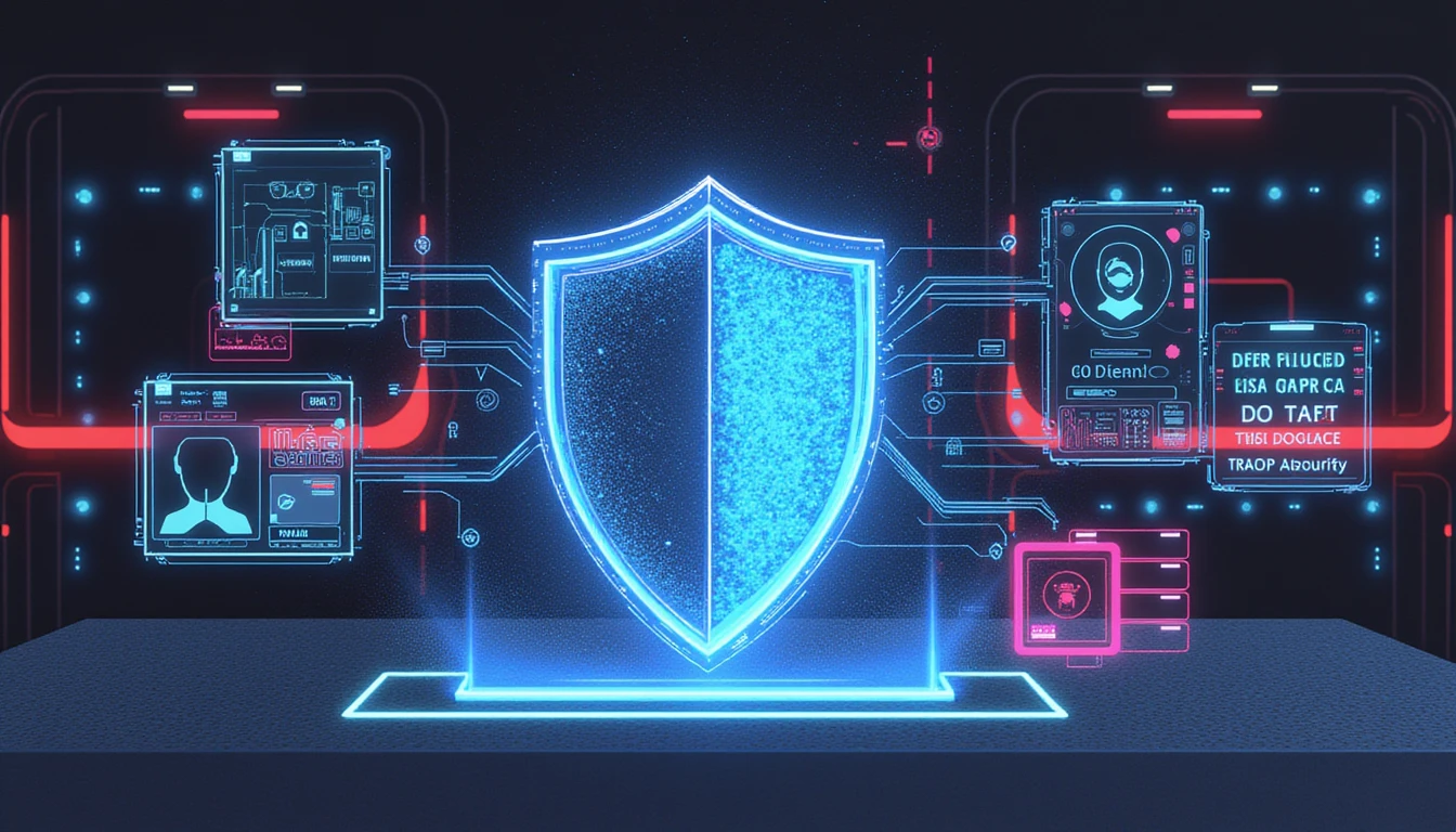 KI-gestützte Betrugserkennung im Online-Dating, mit einem neonbeleuchteten digitalen Schild, das bösartige KI-Profile in einer hochmodernen Cyber-Umgebung blockiert.