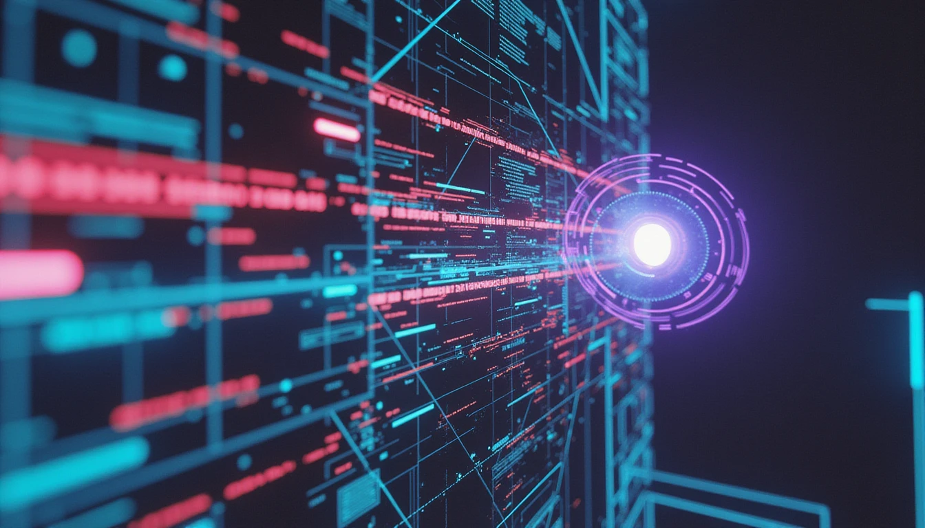 Futuristische, KI-gestützte Schnittstelle zur Betrugserkennung, die neonbeleuchtete Datenströme analysiert und die digitale Sicherheit in der Versicherungsbranche symbolisiert.