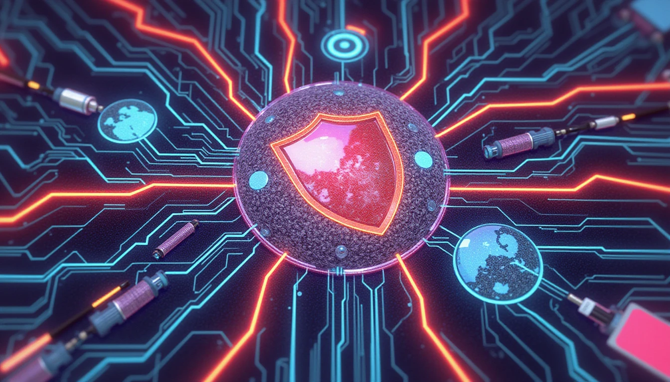 Futuristic neon-lit concept art merging AI and insurance, featuring neural networks, digital shields, financial icons, and claim documents.
