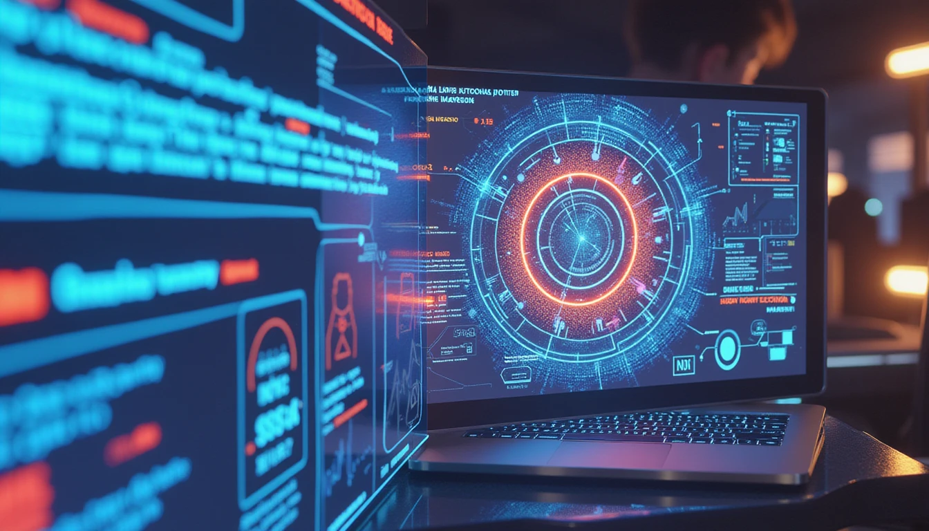 Futuristic insurance office with neon-lit data interfaces, showcasing analytics, fraud detection, and tech-driven security innovations.