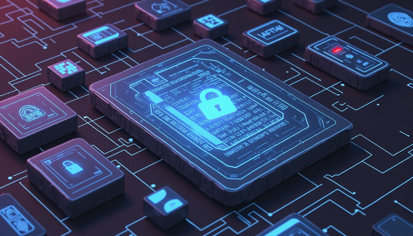 Futuristische digitale Schnittstelle scannt Versicherungsdokumente, erkennt Betrug mit KI-gesteuerten Algorithmen, verschlüsselter Verifizierung und biometrischer Sicherheit.