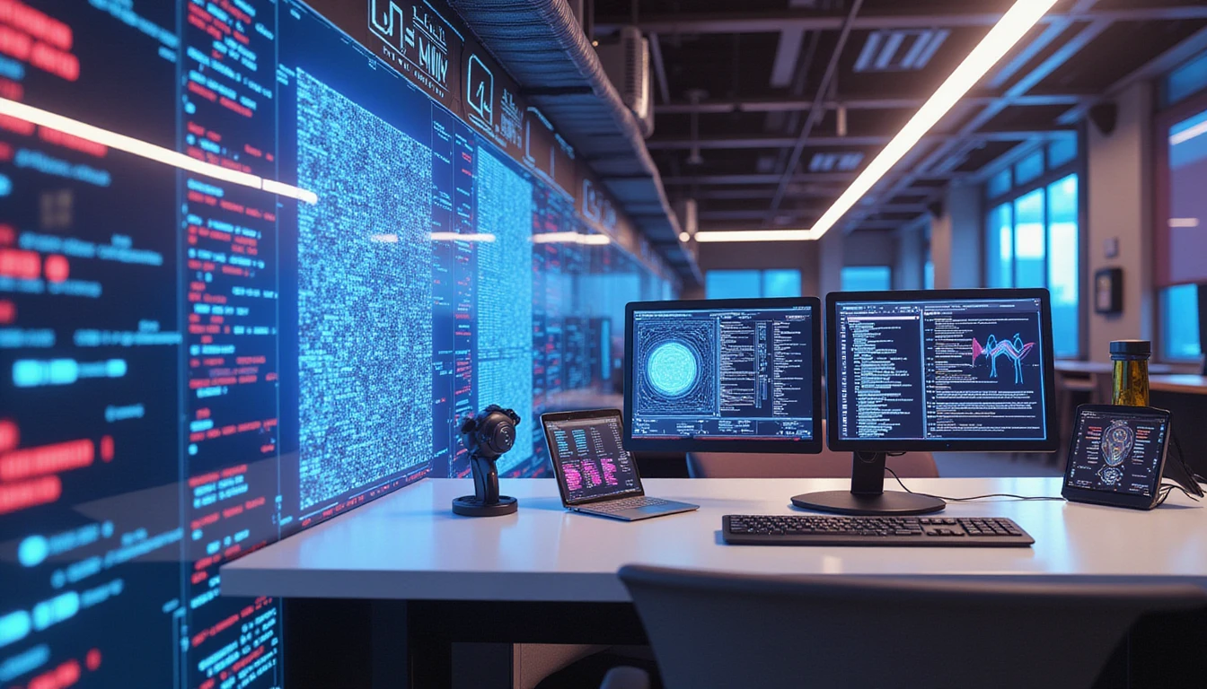 Futuristic insurance office with neon data streams, AI-driven fraud detection interface, and a cybersecurity-focused high-tech aesthetic.