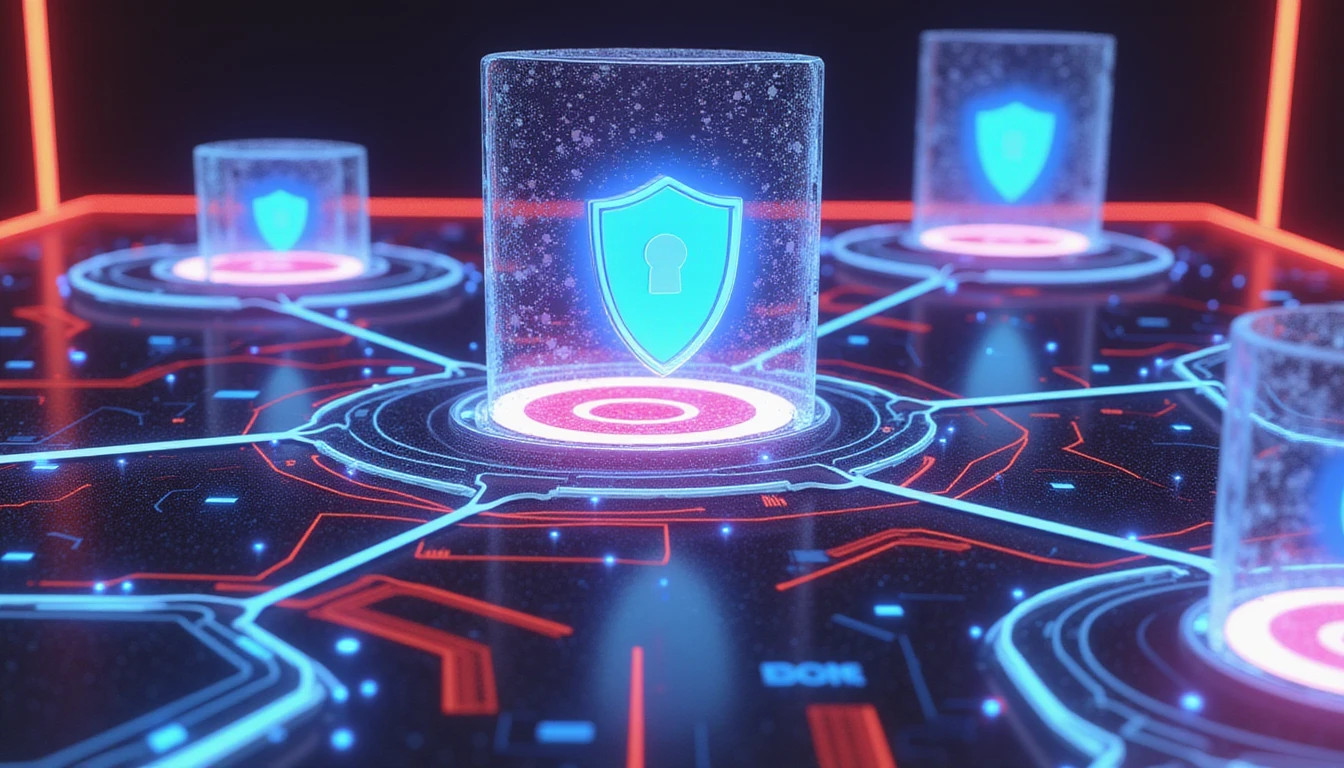 Futuristische, neonbeleuchtete Visualisierung einer fortschrittlichen Versicherungsbetrugserkennung mit KI-Analyse, leuchtenden Datenmustern und Sicherheitsschilden.