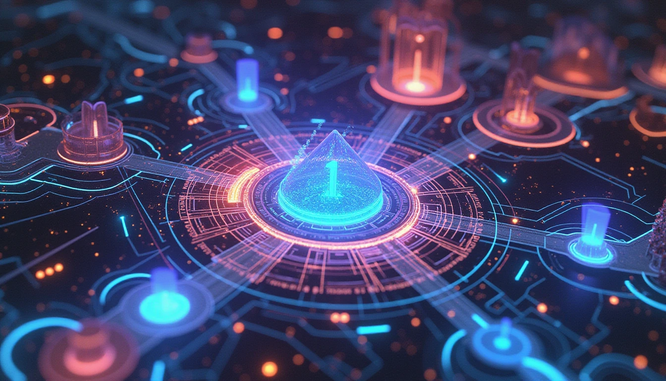 Futuristische Konzeptkunst, die zeigt, wie KI die Versicherungsbranche mit neonbeleuchteten Netzwerken, Datenfluss, Sicherheit und fortschrittlichen Tools zur Betrugserkennung verändert.