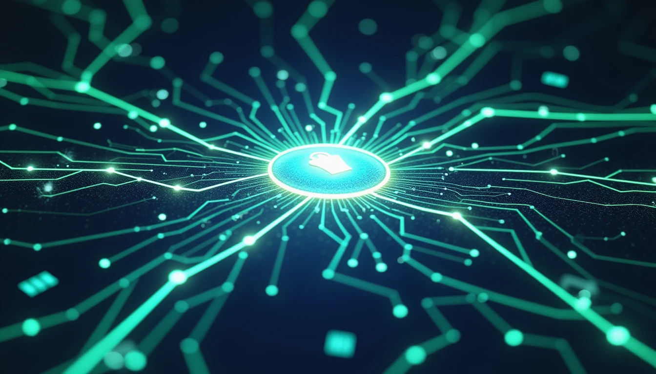 Futuristisches Design symbolisiert fortschrittliche Betrugserkennung in der Versicherungsbranche mit leuchtendem Schild, digitalen Verbindungen und neonblauen-grünen Tönen.