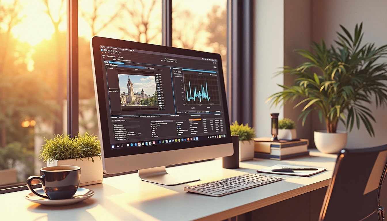 Modern insurance office during golden hour with a workstation displaying advanced tech analyzing a digital image, emphasizing data authenticity.