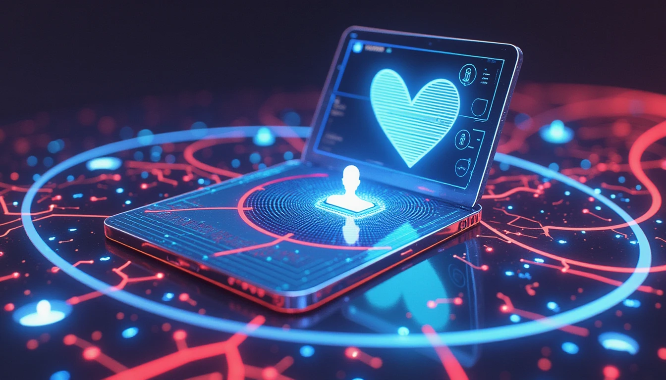 Futuristische, KI-getriebene Online-Dating-Sicherheitsoberfläche mit biometrischer Verifizierung, holographischen Daten, Betrugserkennung und leuchtenden Netzwerkknoten.