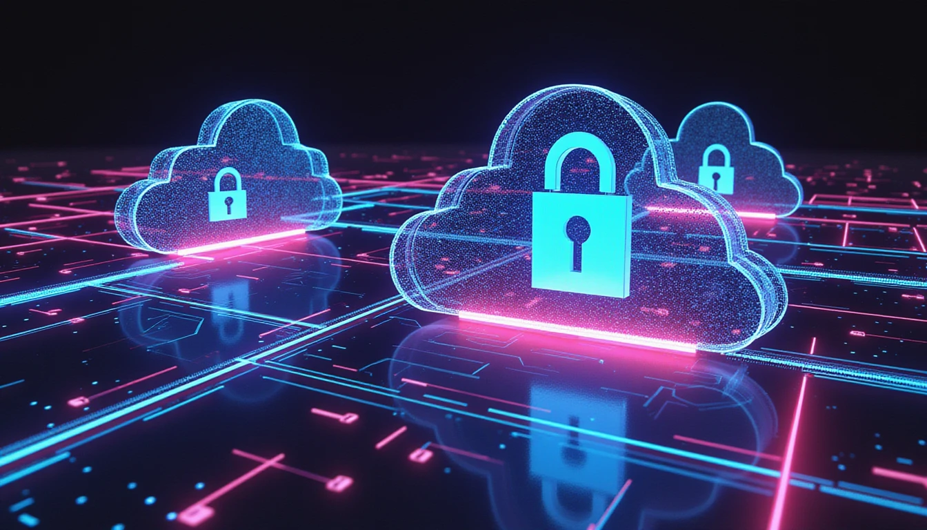 Abstract digital art depicting cloud security in the insurance industry with glowing locks, AI networks, data streams, and shield graphics.