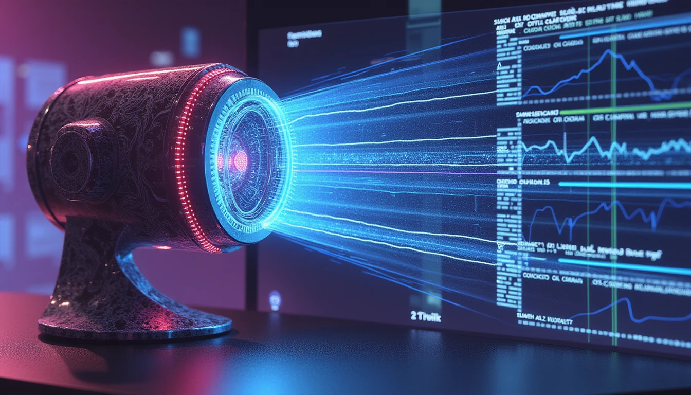 Abstrakte Illustration der KI-gesteuerten Betrugserkennung im Versicherungswesen mit einem leuchtenden Neonscanner, futuristischen Datenvisualisierungen und lebendigen Farbtönen.