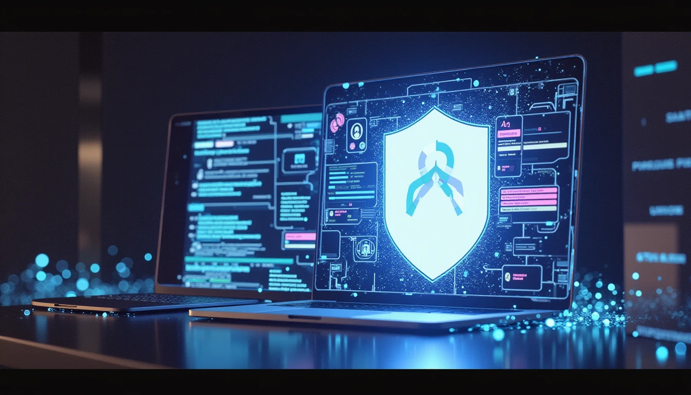 AI-powered cybersecurity shield scanning and validating identities on online dating platforms with glowing data streams and holographic elements