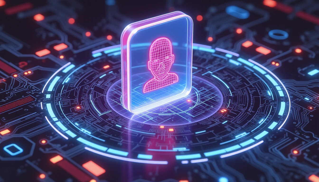 Futuristic AI-driven security interface with neon-glow elements verifying online dating profiles, symbolizing fraud detection and trust.