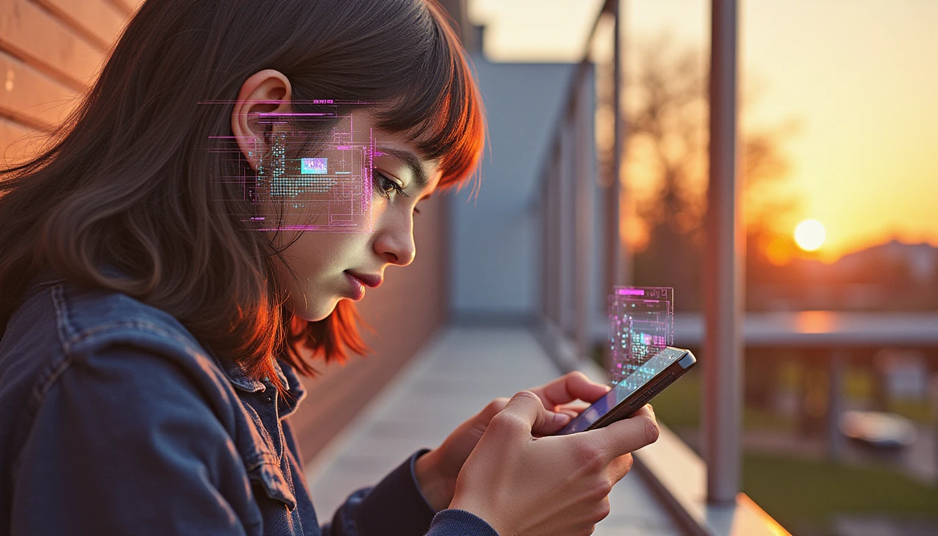 Ein junger Mensch nutzt zur goldenen Stunde eine Dating-App. Sein Gesicht wird vom Bildschirm beleuchtet und die Szene wird von KI-gesteuerten Sicherheitselementen überlagert.