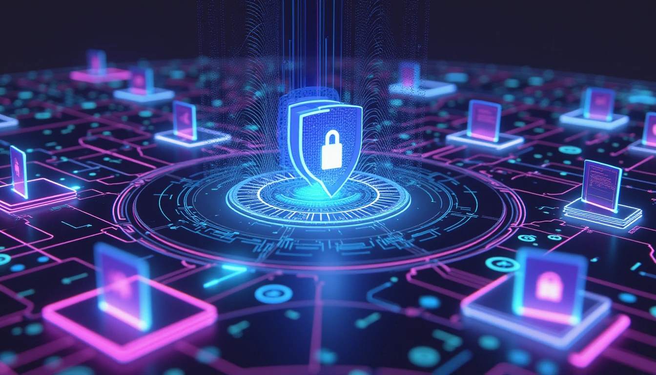 Abstrakte Darstellung der digitalen Transformation im Versicherungswesen mit neonfarbenen Datenströmen, Sicherheitsschilden und holografischer Betrugsanalyse.
