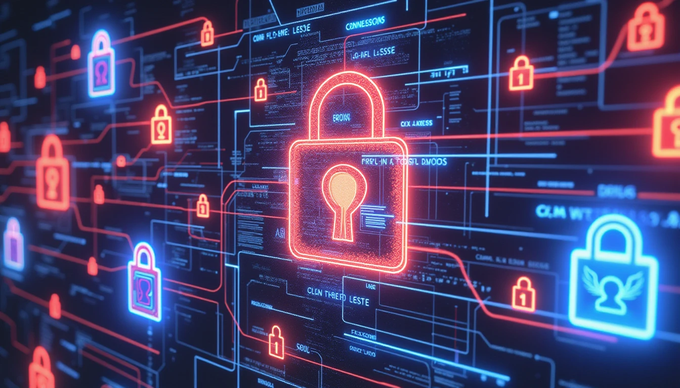 Futuristic digital dating ecosystem with interconnected profiles, neon-glowing locks, and AI-powered security shields ensuring safety.