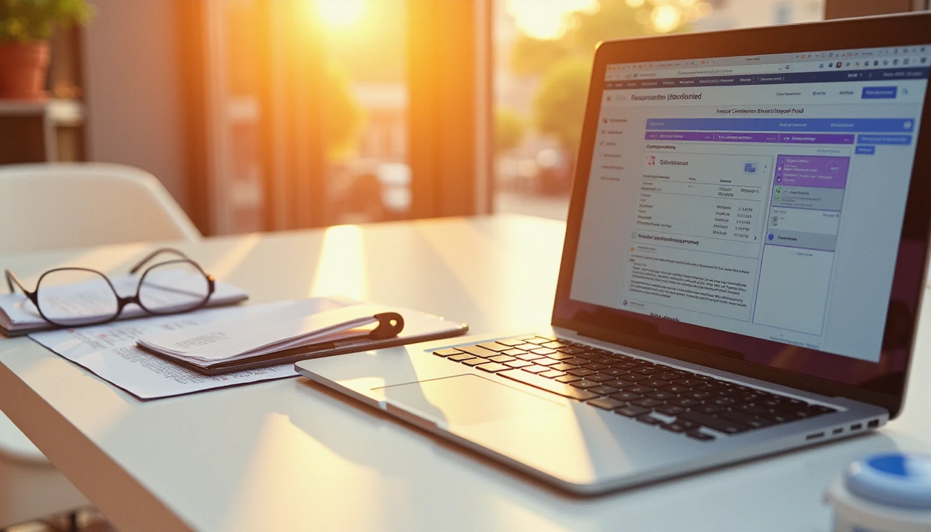 Close-up of an insurance document during golden hour, with fraud detection software highlighting tampered areas on a futuristic screen.