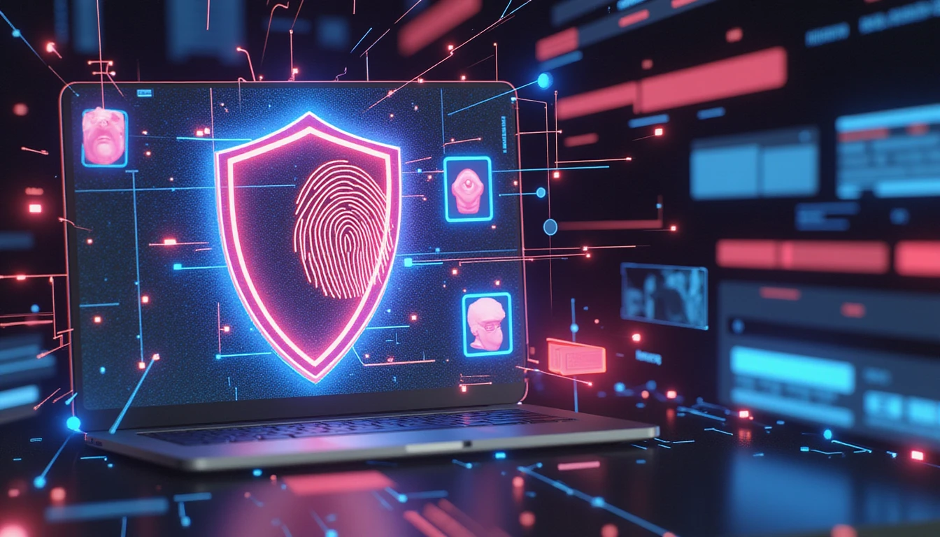 Neonleuchtendes Schild mit biometrischer Authentifizierung, KI-gesteuerter Betrugserkennung und dynamischen Datenströmen als Symbol für sicheres Online-Dating.