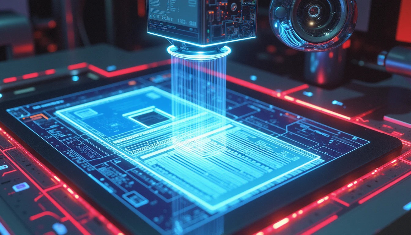 Futuristic scanner analyzes a glowing holographic document amid neon glows and data patterns, symbolizing AI-driven fraud detection.