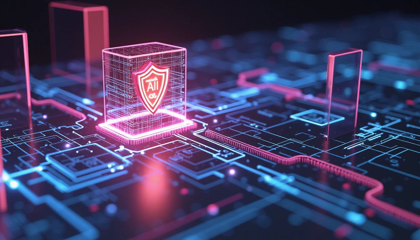 Futuristisches, neonbeleuchtetes Netzwerk aus Sicherheitsschilden und Datenströmen, das die KI-gesteuerte Betrugserkennung symbolisiert, mit dem Betrugsscanner von VAARHAFT im Mittelpunkt.