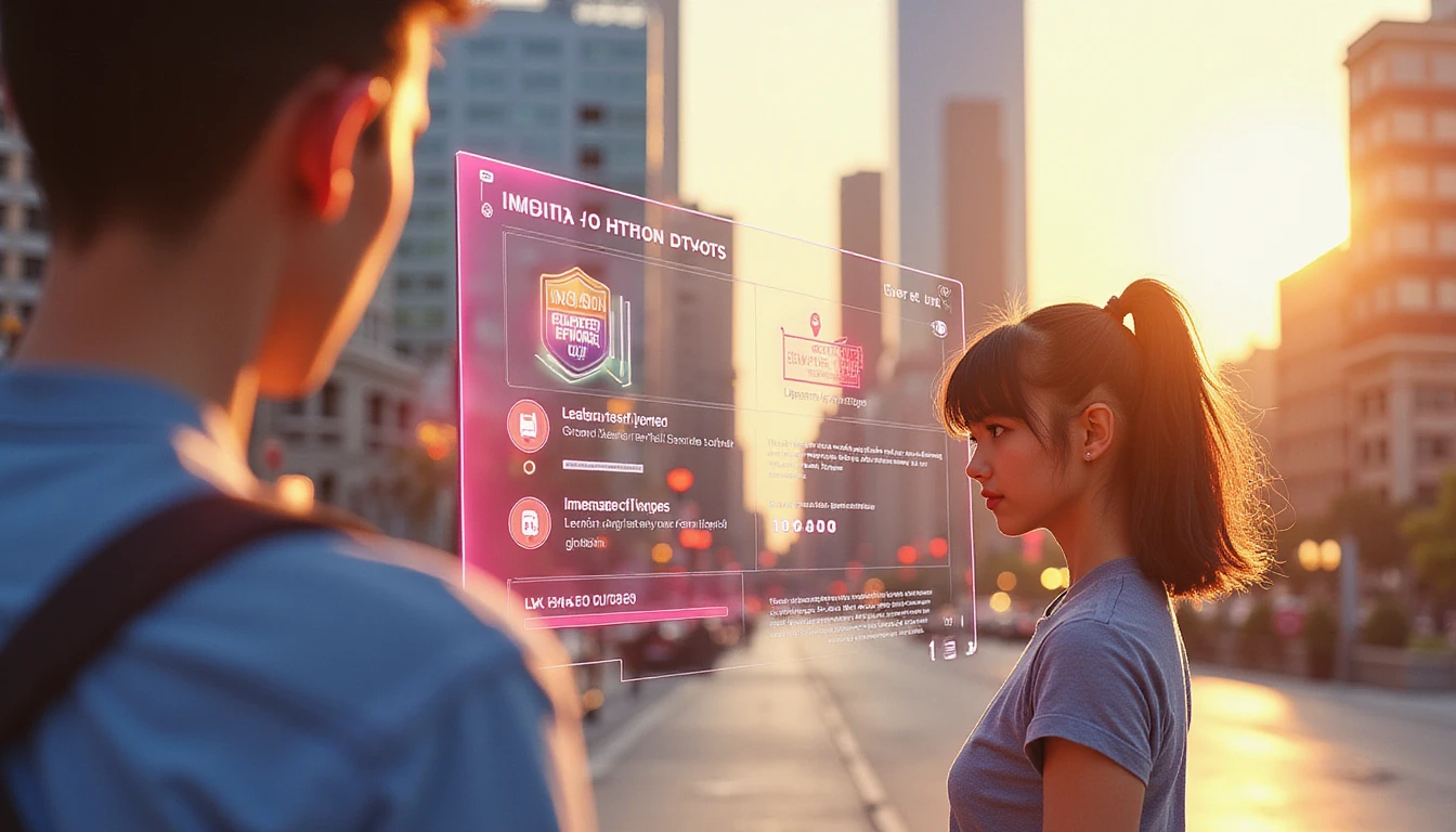 Eine futuristische holografische Online-Dating-Schnittstelle mit KI-gesteuerten Sicherheitssymbolen leuchtet in einer goldenen Stadtlandschaft und symbolisiert Vertrauen und Innovation.