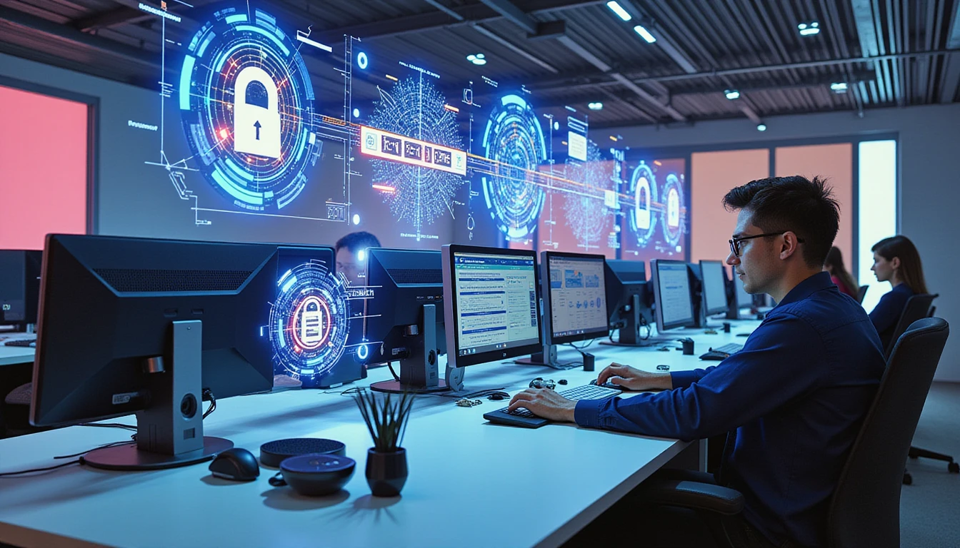Modernes Büro mit Fachleuten an eleganten Computern, umgeben von holografischen Datenschnittstellen, die die DSGVO-Konformität und KI-Betrugserkennung zeigen.